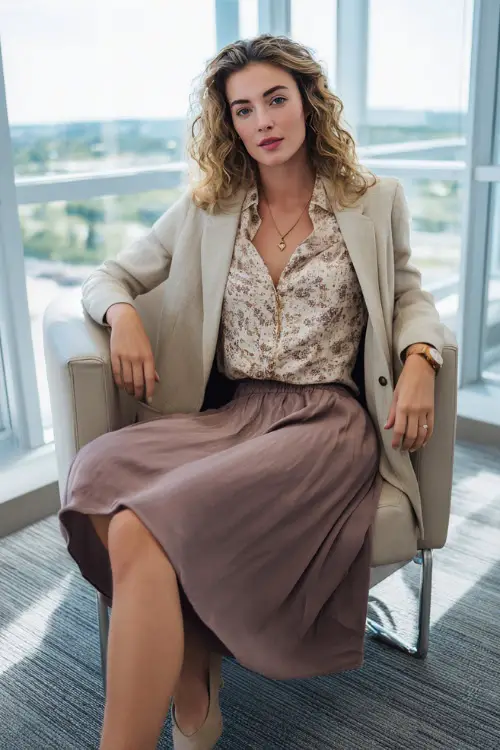 A woman wears a relaxed boho office outfit with a midi A-line skirt, a soft button-up blouse with subtle print details, a lightweight blazer, and pointed-toe flats 