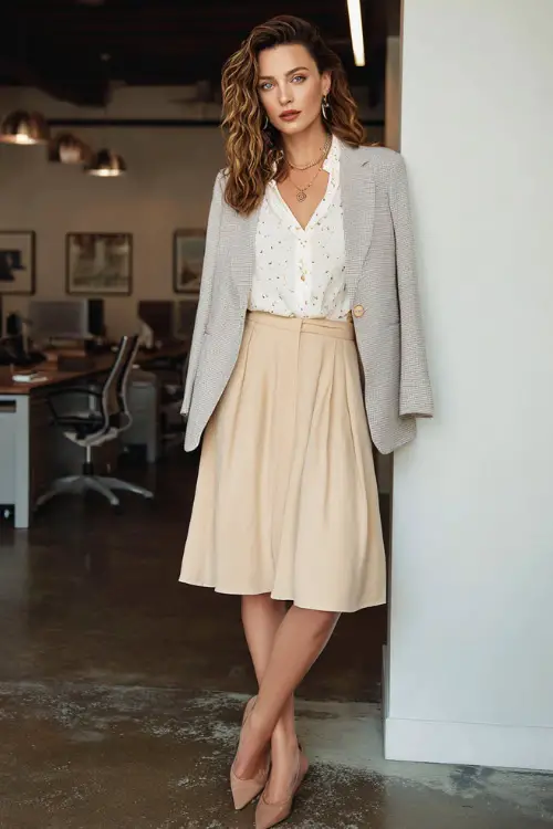 A woman wears a relaxed boho office outfit with a midi A-line skirt, a soft button-up blouse with subtle print details, a lightweight blazer, and pointed-toe flats