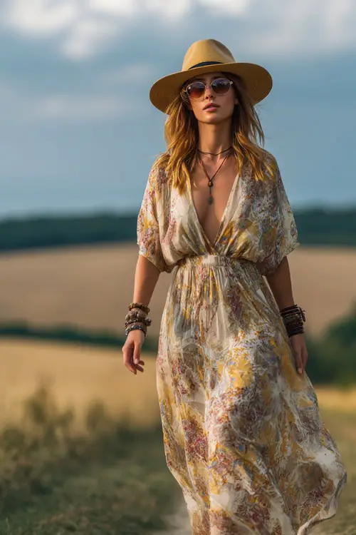 A woman wears a relaxed boho outfit with a breezy maxi dress, flat sandals, layered bracelets, and a straw hat, styled in a sunlit countryside background 