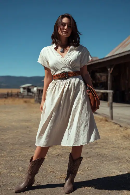 A woman wears a relaxed western concert look featuring a breezy cotton midi dress styled with a western belt, ankle cowboy boots, and a structured crossbody bag 