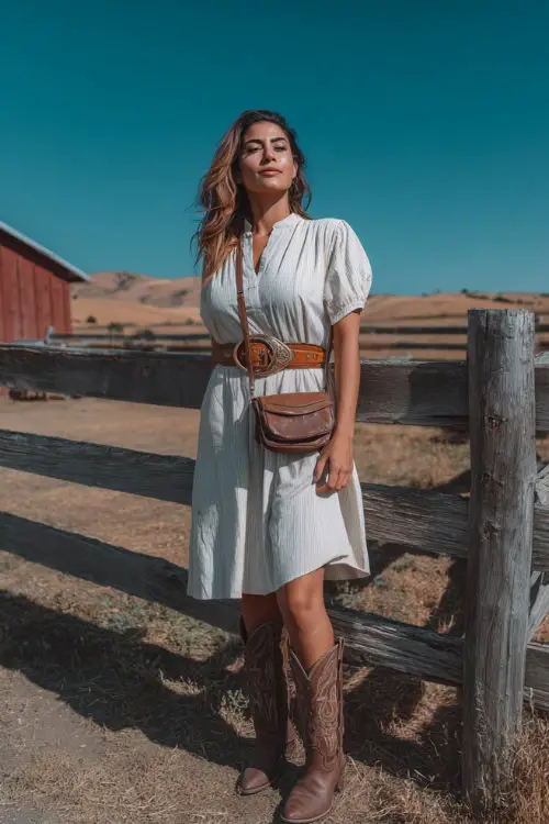 A woman wears a relaxed western concert look featuring a breezy cotton midi dress styled with a western belt, ankle cowboy boots, and a structured crossbody bag 