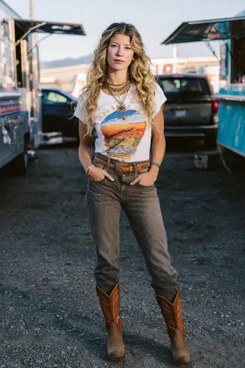 A woman wears a relaxed western concert outfit featuring an oversized graphic tee half-tucked into high-rise jeans, brown cowboy boots, and layered necklaces 