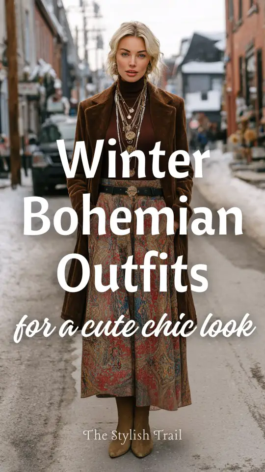 A woman wears a relaxed winter boho outfit with a printed maxi skirt, a fitted turtleneck, a long wool coat, and suede boots