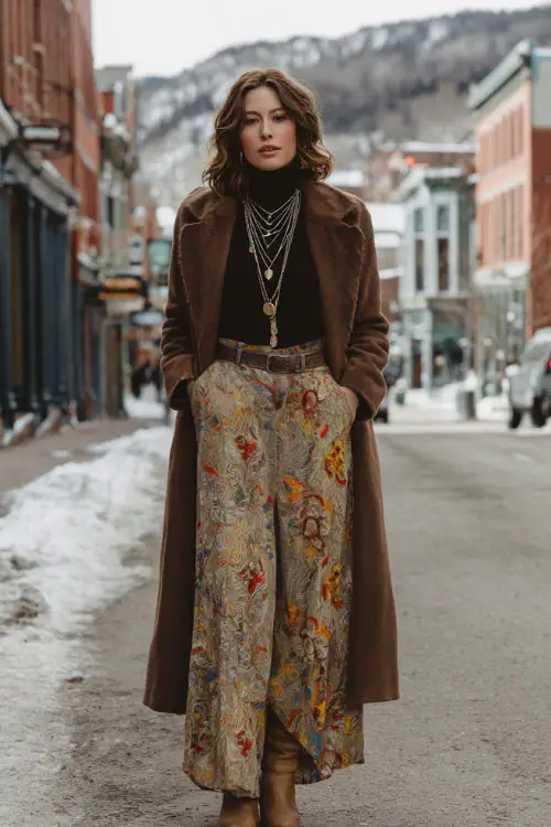 A woman wears a relaxed winter boho outfit with a printed maxi skirt, a fitted turtleneck, a long wool coat, and suede boots 