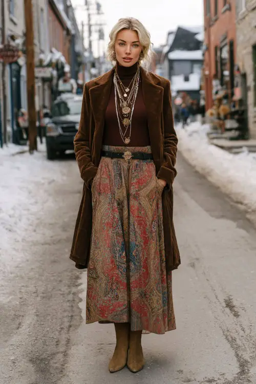 A woman wears a relaxed winter boho outfit with a printed maxi skirt, a fitted turtleneck, a long wool coat, and suede boots 
