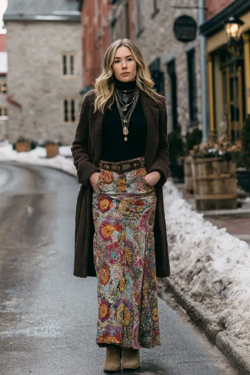A woman wears a relaxed winter boho outfit with a printed maxi skirt, a fitted turtleneck, a long wool coat, and suede boots
