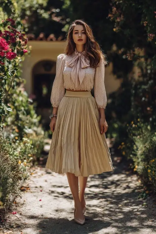 A woman wears a romantic boho spring outfit with a soft peasant blouse, a pleated midi skirt, ballet flats, and subtle floral accessories, styled in a sunlit garden path
