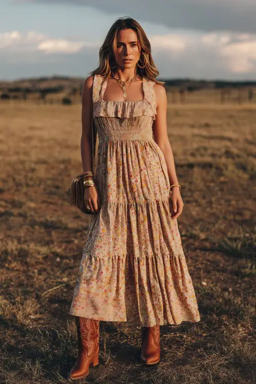 A woman wears a romantic country concert outfit featuring a tiered maxi dress paired with tall cowboy boots, subtle gold jewelry, and a crossbody leather bag