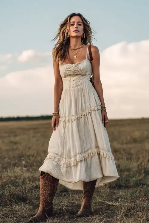 A woman wears a romantic country concert outfit featuring a tiered maxi dress paired with tall cowboy boots, subtle gold jewelry, and a crossbody leather bag 