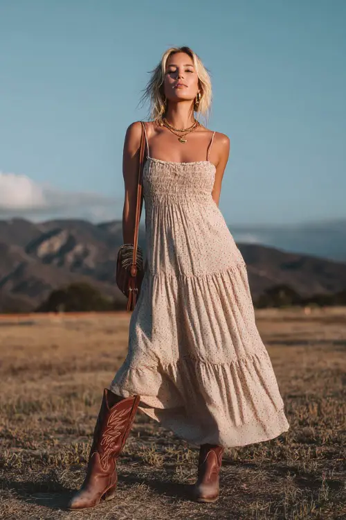 A woman wears a romantic country concert outfit featuring a tiered maxi dress paired with tall cowboy boots, subtle gold jewelry, and a crossbody leather bag