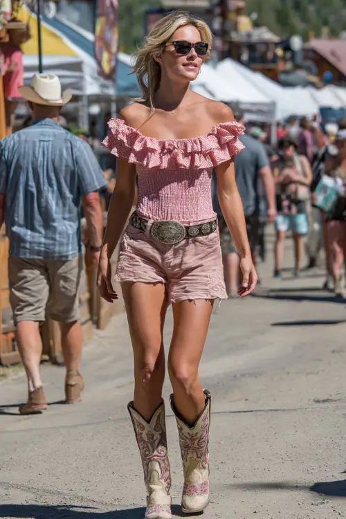A woman wears a romantic pink country concert outfit with a ruffled pink top, high-waisted shorts, embroidered cowboy boots, and a western belt 