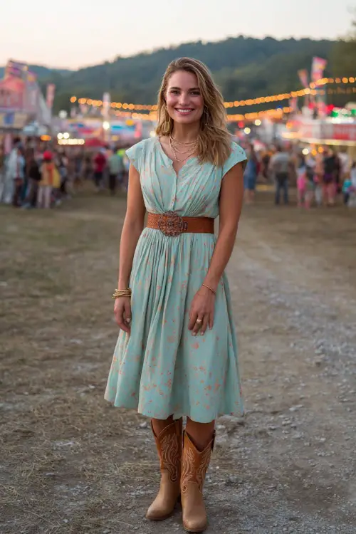 A woman wears a romantic spring western outfit featuring a soft pastel midi dress paired with a leather belt, tan cowboy boots, and subtle gold jewelry 