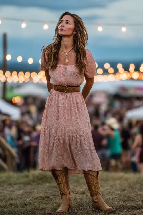 A woman wears a romantic spring western outfit featuring a soft pastel midi dress paired with a leather belt, tan cowboy boots, and subtle gold jewelry