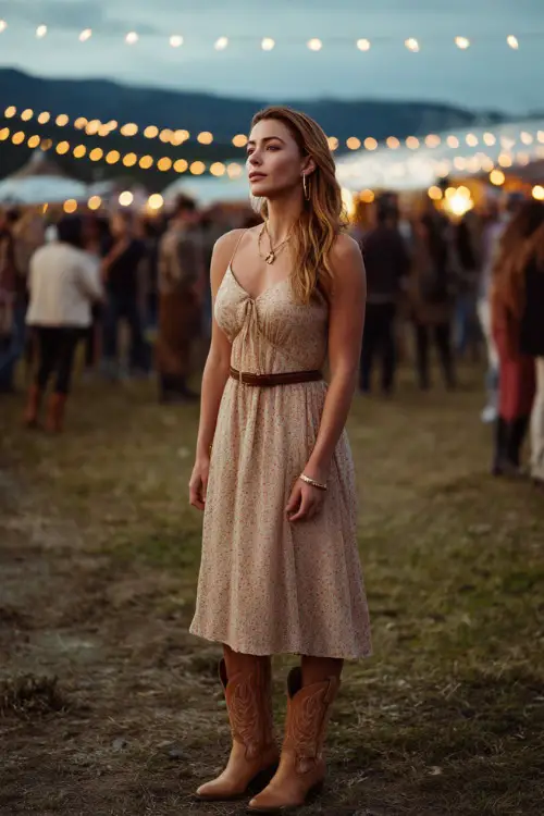 A woman wears a romantic spring western outfit featuring a soft pastel midi dress paired with a leather belt, tan cowboy boots, and subtle gold jewelry