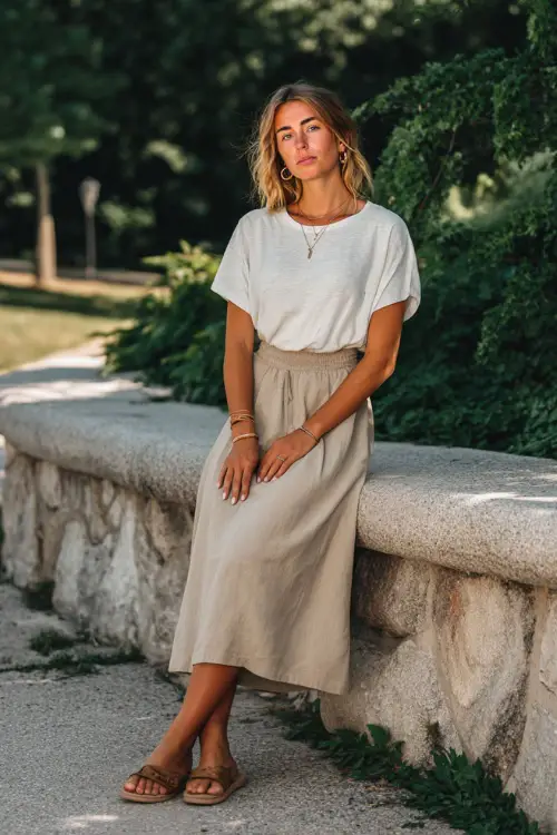 A woman wears a simple boho everyday outfit combining a relaxed-fit tee, a midi skirt, flat sandals, and subtle jewelry, styled in a peaceful urban park, full body visible
