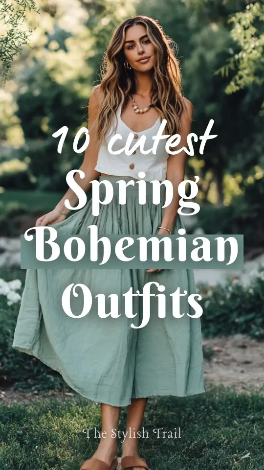 A woman wears a spring boho outfit with a breezy midi skirt, a soft cotton top, slide sandals, and delicate jewelry