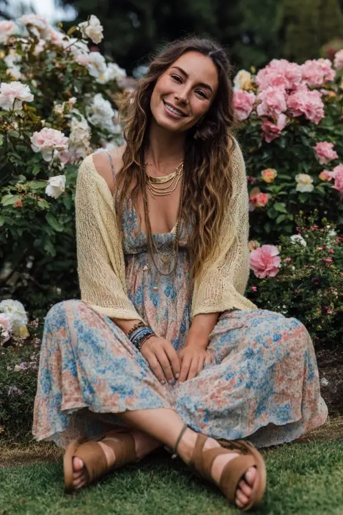 A woman wears a spring boho outfit with a flowy floral maxi dress, flat leather sandals, layered gold necklaces, and a lightweight cardigan