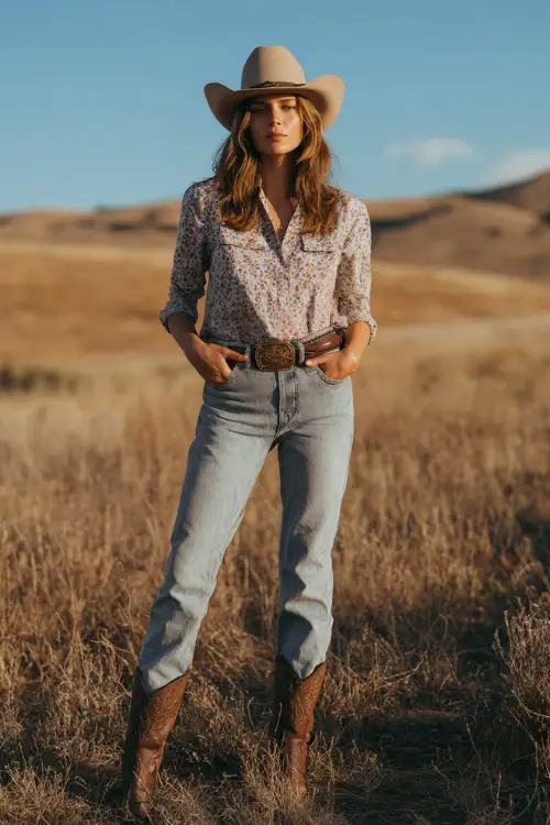 A woman wears a spring country concert outfit with a floral blouse tucked into light-wash straight-leg jeans, brown cowboy boots, and a western belt 