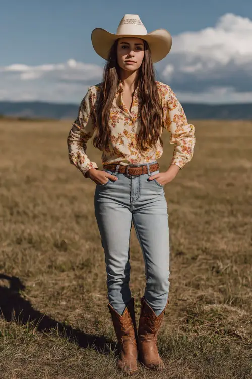 A woman wears a spring country concert outfit with a floral blouse tucked into light-wash straight-leg jeans, brown cowboy boots, and a western belt