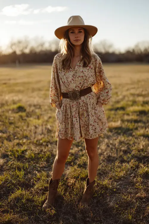 A woman wears a spring country concert outfit with a flowy floral mini dress styled with a western belt, brown cowboy boots, and a wide-brim hat 