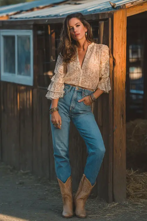 A woman wears a stylish country concert outfit combining a lace blouse tucked into high-waisted jeans, tan cowboy boots, and layered bracelets, posing near a rustic outdoor venue