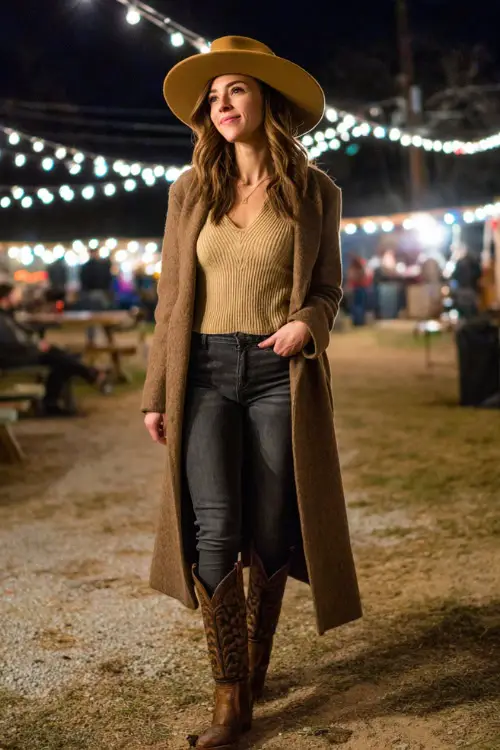 A woman wears a stylish winter country concert outfit combining a ribbed knit top, long wool coat, straight jeans, tall cowboy boots, and a wide-brim hat 