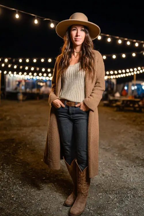 A woman wears a stylish winter country concert outfit combining a ribbed knit top, long wool coat, straight jeans, tall cowboy boots, and a wide-brim hat