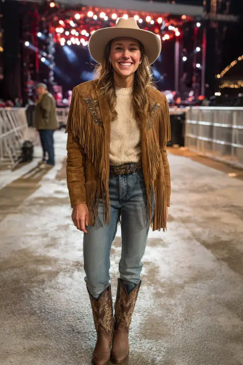 A woman wears a stylish winter country concert outfit with a faux suede fringe jacket, thermal knit top, straight denim jeans, and classic cowboy boots 