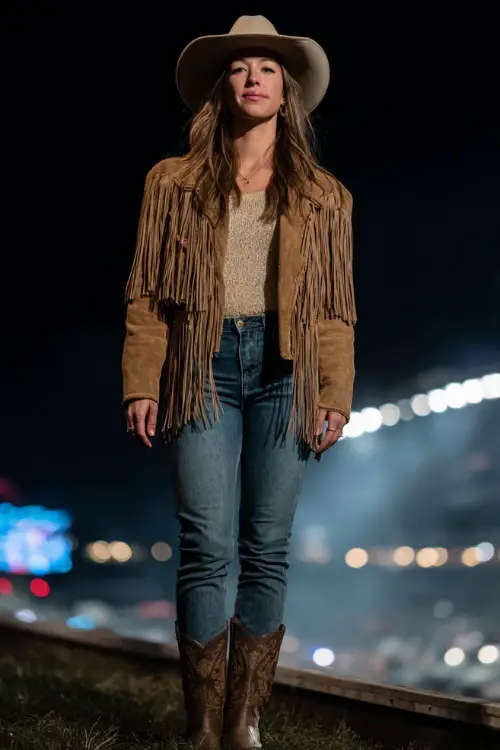 A woman wears a stylish winter country concert outfit with a faux suede fringe jacket, thermal knit top, straight denim jeans, and classic cowboy boots