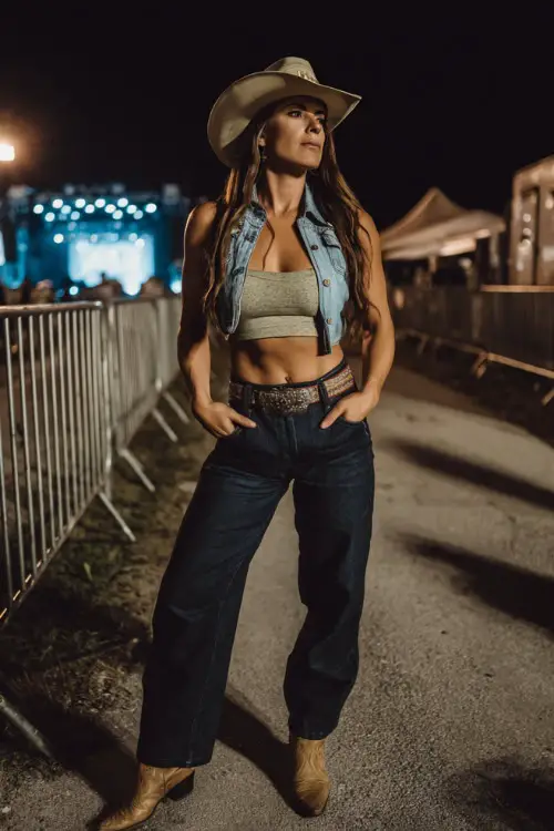 A woman wears a trendy country concert look with a cropped denim vest, ribbed tank top, dark straight-leg jeans, and pointed-toe cowboy boots