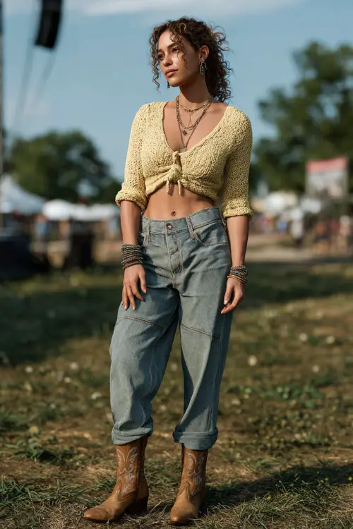 A woman wears a trendy spring country concert look combining a cropped knit top, high-waisted jeans, western ankle boots, and layered bracelets