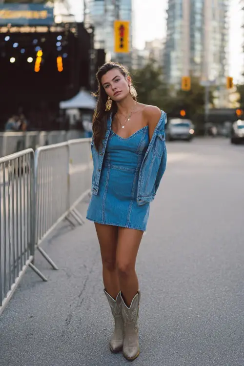 A woman wears a trendy western concert look with a fitted mini dress layered under a cropped denim jacket, pointed-toe cowboy boots, and statement earrings 