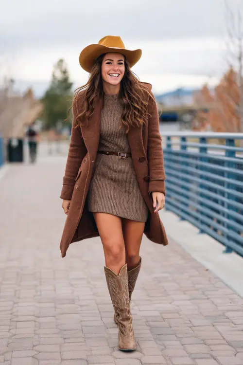 A woman wears a warm and trendy country concert outfit including a fitted sweater dress paired with tall western boots, a belted coat, and a felt cowboy hat