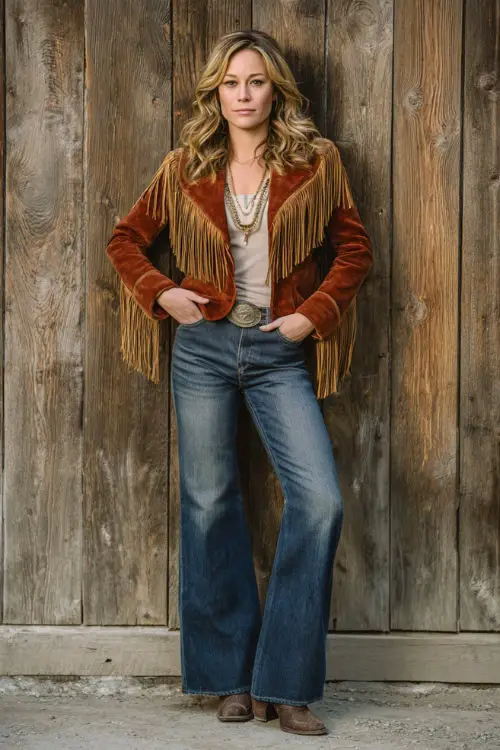 A woman wears a western-inspired concert look featuring a fringe suede jacket layered over a simple top, straight-leg jeans, and tall cowboy boots