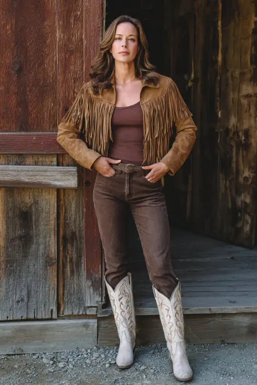 A woman wears a western-inspired concert look featuring a fringe suede jacket layered over a simple top, straight-leg jeans, and tall cowboy boots, posing near a rustic wooden stage backdrop