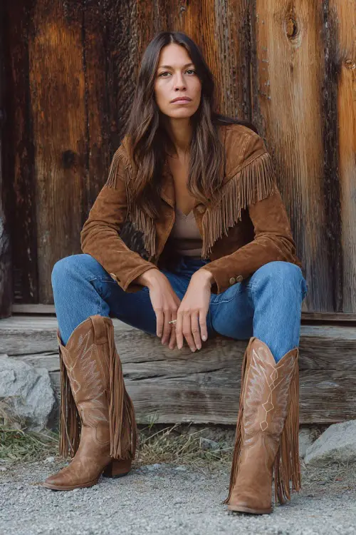 A woman wears a western-inspired concert look featuring a fringe suede jacket layered over a simple top, straight-leg jeans, and tall cowboy boots