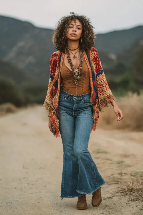 A woman wears an earthy hippie boho outfit featuring a crocheted cardigan, high-waisted flared jeans, ankle boots, and a statement necklace, styled in a natural outdoor landscape
