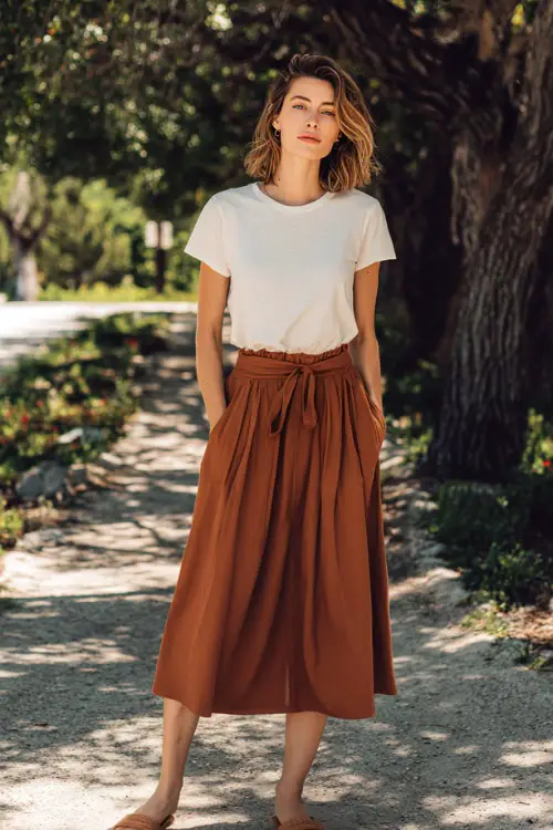 A woman wears an easygoing boho outfit with a flowy midi skirt, a simple cotton tee tucked at the waist, slide sandals, and minimal jewelry, styled in a peaceful park background