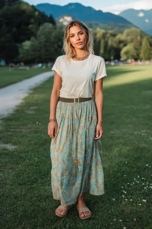 A woman wears an easygoing boho outfit with a flowy midi skirt, a simple cotton tee tucked at the waist, slide sandals, and minimal jewelry, styled in a peaceful park background