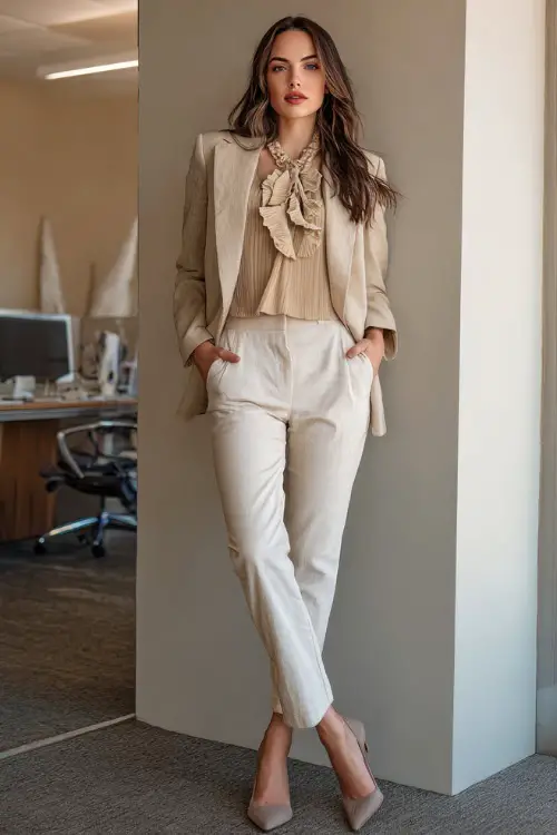 A woman wears an elegant boho office outfit featuring straight-leg trousers, a textured blouse with soft ruffle details, a tailored blazer, and low block heels 