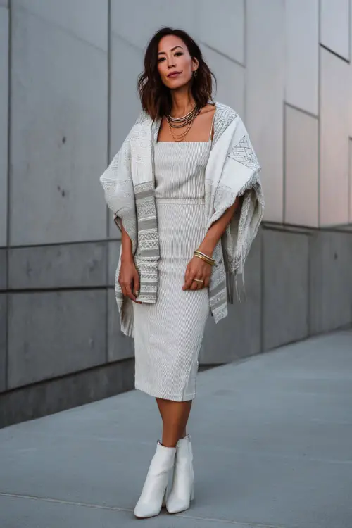 A woman wears an elevated chic boho outfit with a monochrome midi dress, a soft shawl-style jacket, ankle boots, and layered jewelry