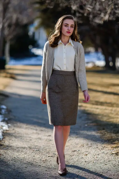 A young woman dressed in a classic wool skirt paired with a fitted cardigan, crisp blouse, leather ballet flats, and minimal accessories, walking through a winter park with bare trees 