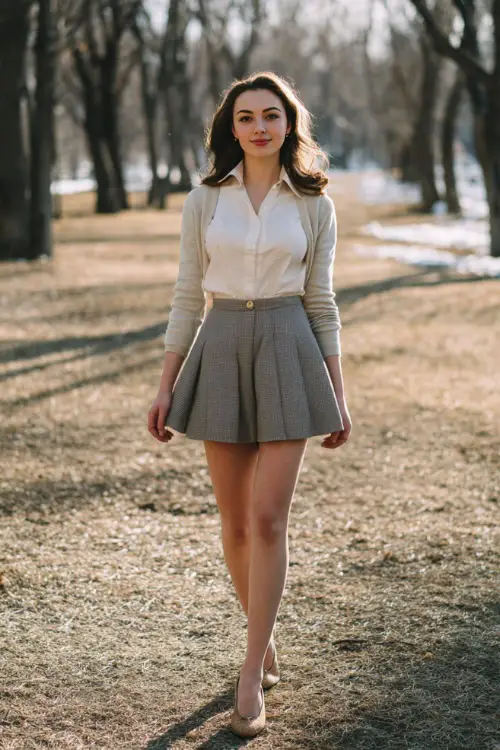 A young woman dressed in a classic wool skirt paired with a fitted cardigan, crisp blouse, leather ballet flats, and minimal accessories, walking through a winter park with bare trees