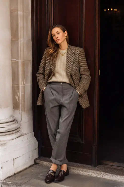 A young woman dressed in a tailored blazer layered over a fine knit sweater and classic trousers, paired with leather loafers and minimal gold jewelry 