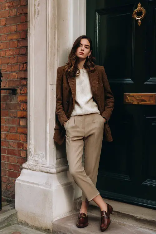 A young woman dressed in a tailored blazer layered over a fine knit sweater and classic trousers, paired with leather loafers and minimal gold jewelry