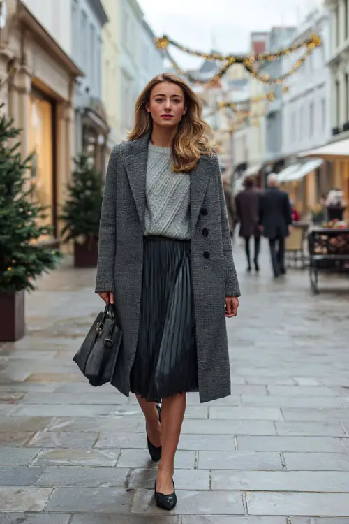A young woman dressed in a timeless winter ensemble with a tailored coat, fine knit sweater, pleated skirt, leather flats, and a structured handbag