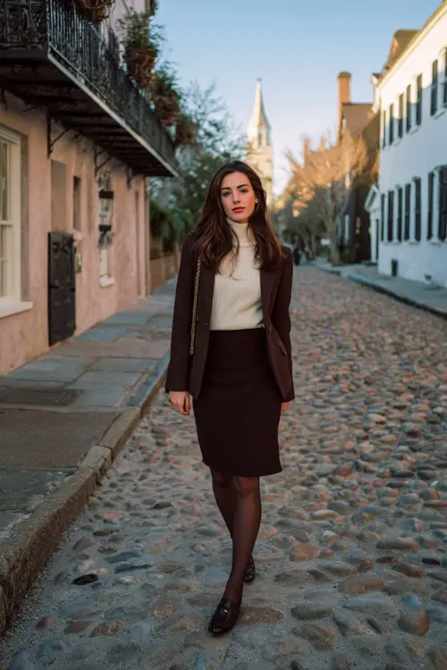 A young woman in a midi skirt paired with a tailored blazer, fine knit top, sheer tights, and polished loafers, walking through a historic district in winter 