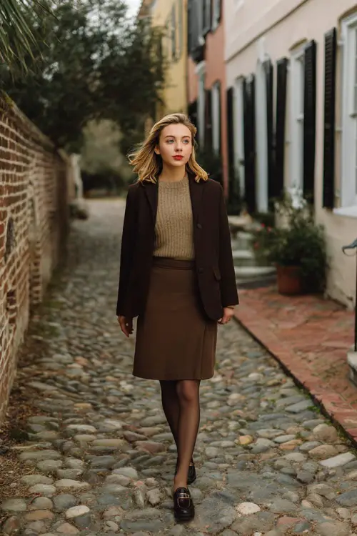 A young woman in a midi skirt paired with a tailored blazer, fine knit top, sheer tights, and polished loafers, walking through a historic district in winter 