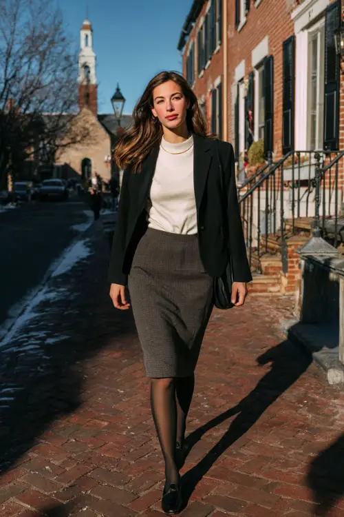 A young woman in a midi skirt paired with a tailored blazer, fine knit top, sheer tights, and polished loafers, walking through a historic district in winter