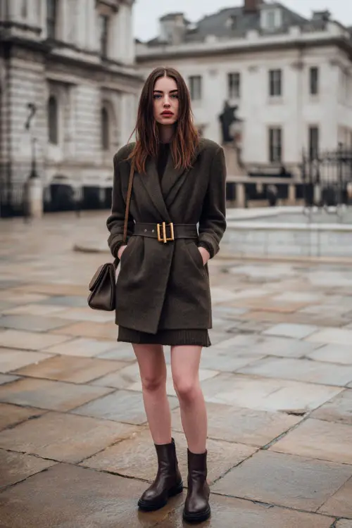 A young woman wearing a belted wool coat layered over a ribbed knit dress, styled with leather ankle boots and a structured handbag
